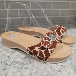 Vintage Women's Dr Scholl's Wooden Excercise Sandals Leather Giraffe Italy Sz: 9